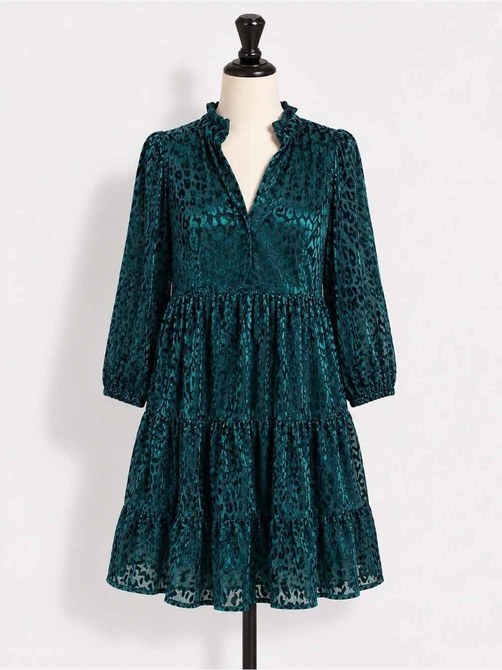 Maison Tara Emerald Green Animal Print Burnout Velvet Tiered Dress Size 12